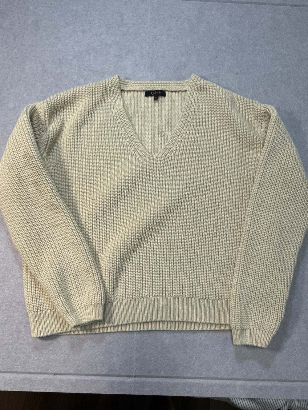 Quince 100% Organic Cotton Ribbed Knit V-Neck Pullover Sweater Beige Size Small